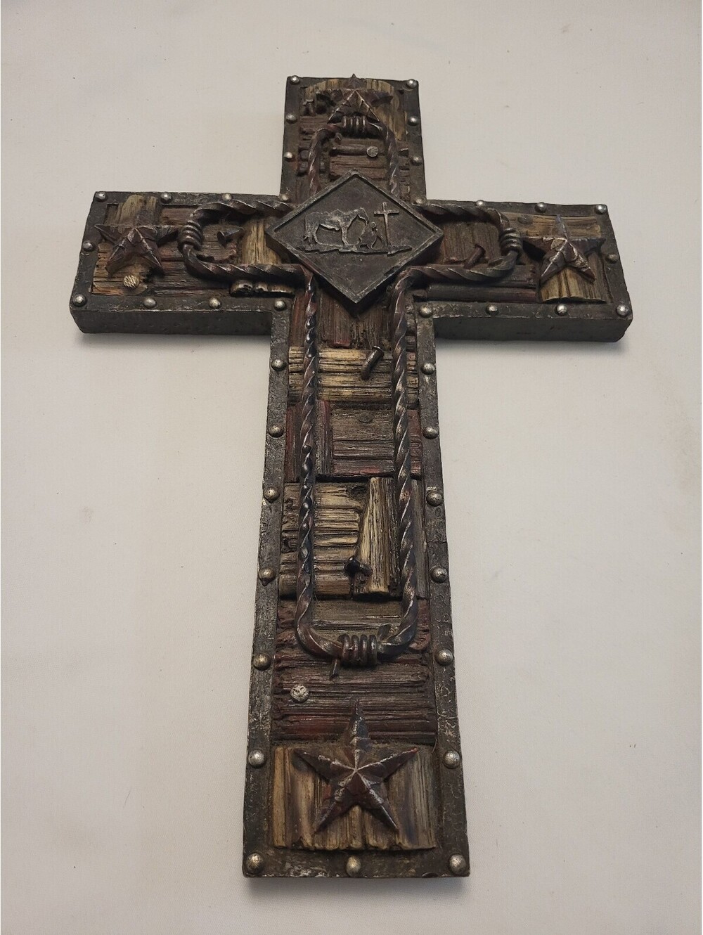 Decorative 16"x10.5" Wall Cross with Rustic Star Accents